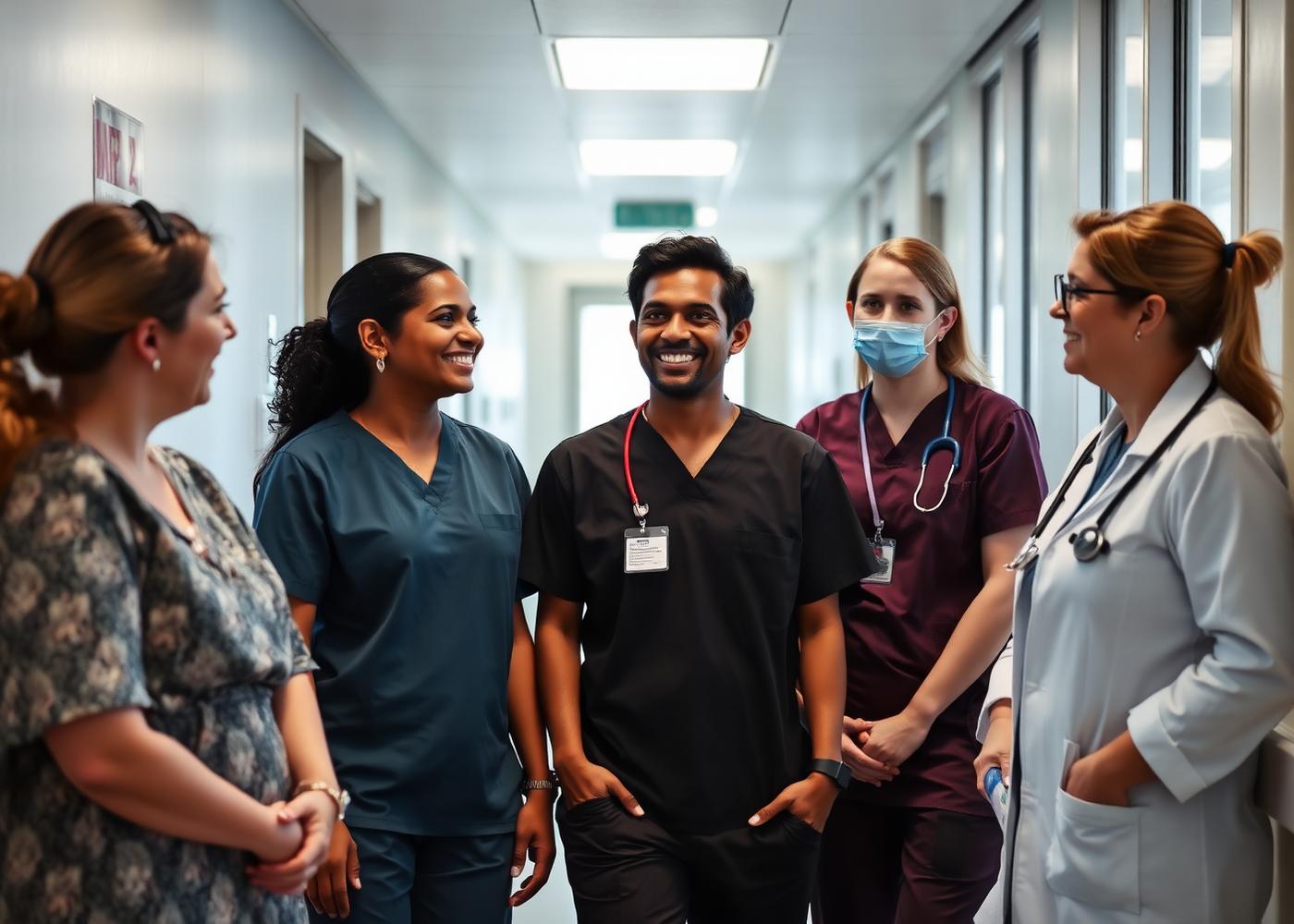 Diverse healthcare team in an Irish hospital corridor